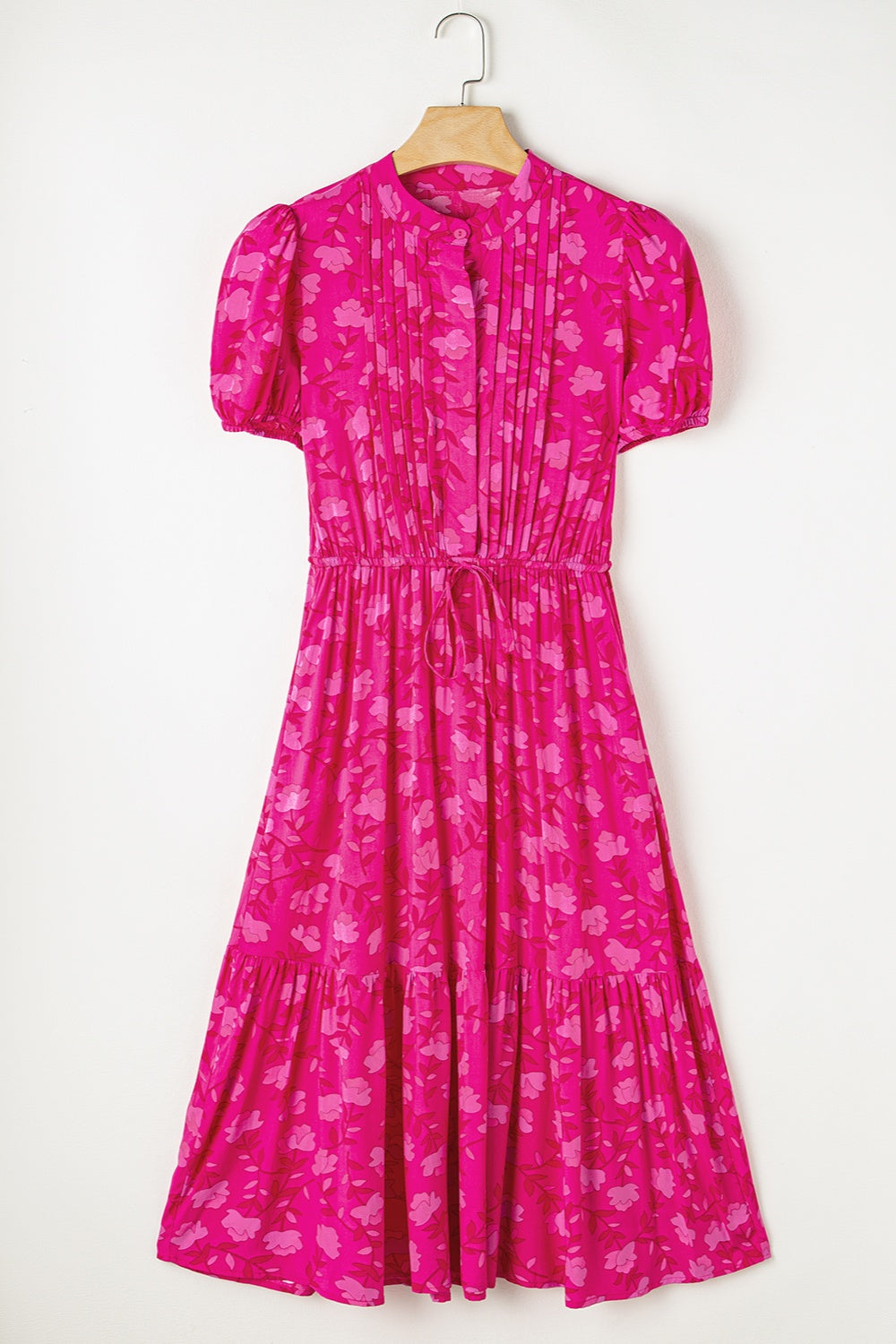 Drawstring Printed Short Sleeve Midi Dress-Angel Casuals
