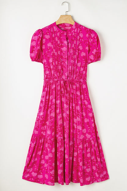 Drawstring Printed Short Sleeve Midi Dress-Angel Casuals