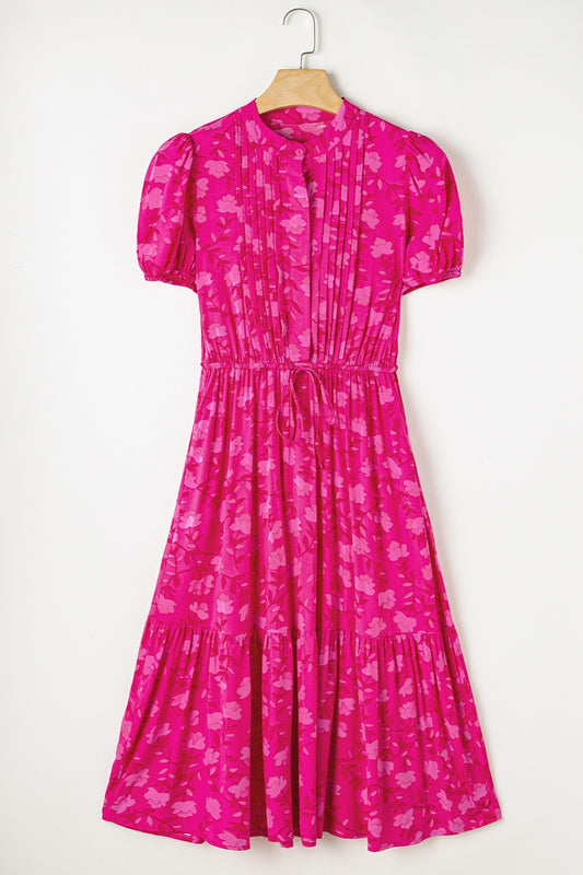Drawstring Printed Short Sleeve Midi Dress-Angel Casuals