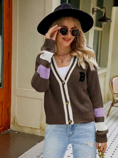 Contrast Button Up Dropped Shoulder Cardigan-Angel Casuals