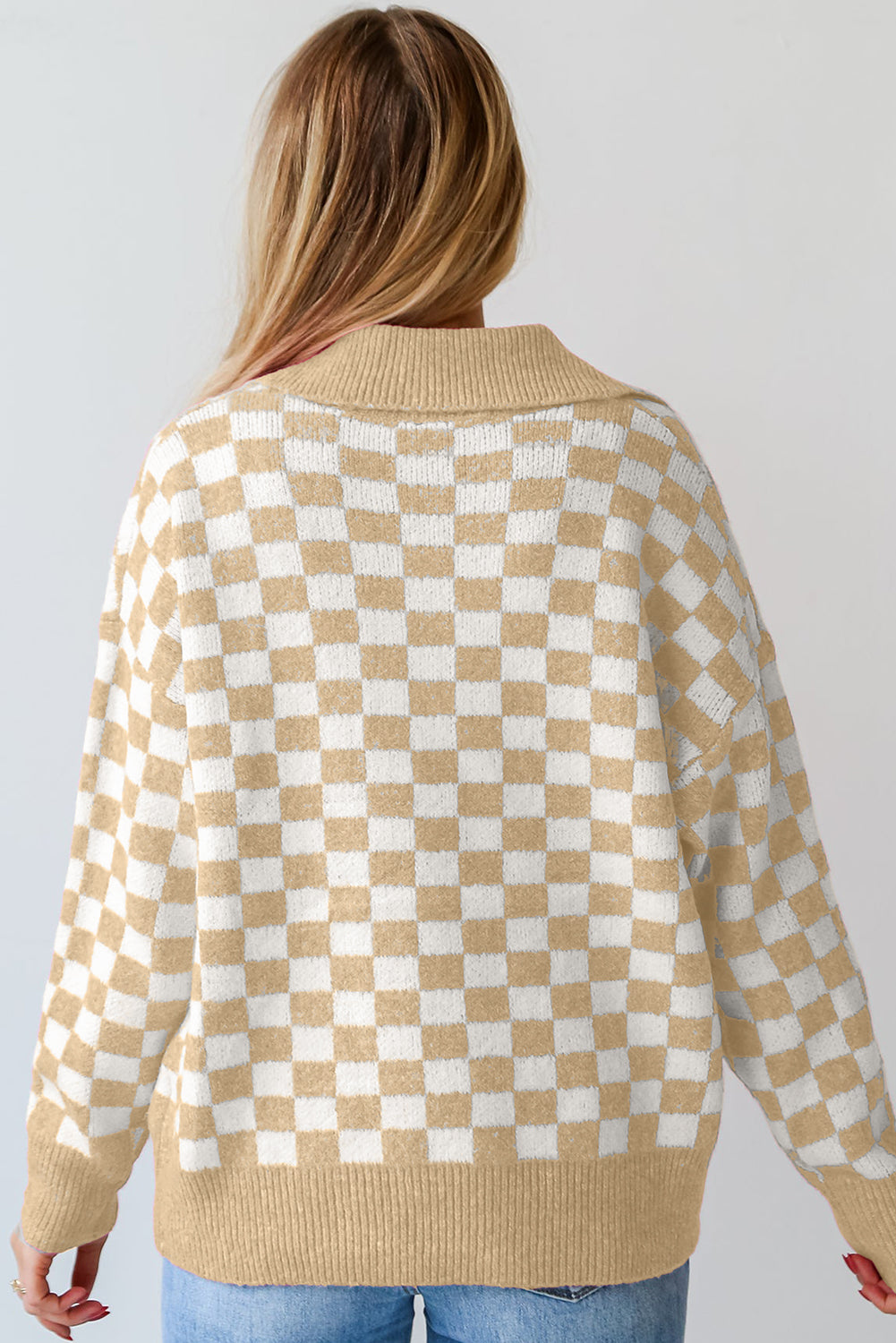 Checkered Collared Neck Long Sleeve Sweater-Angel Casuals