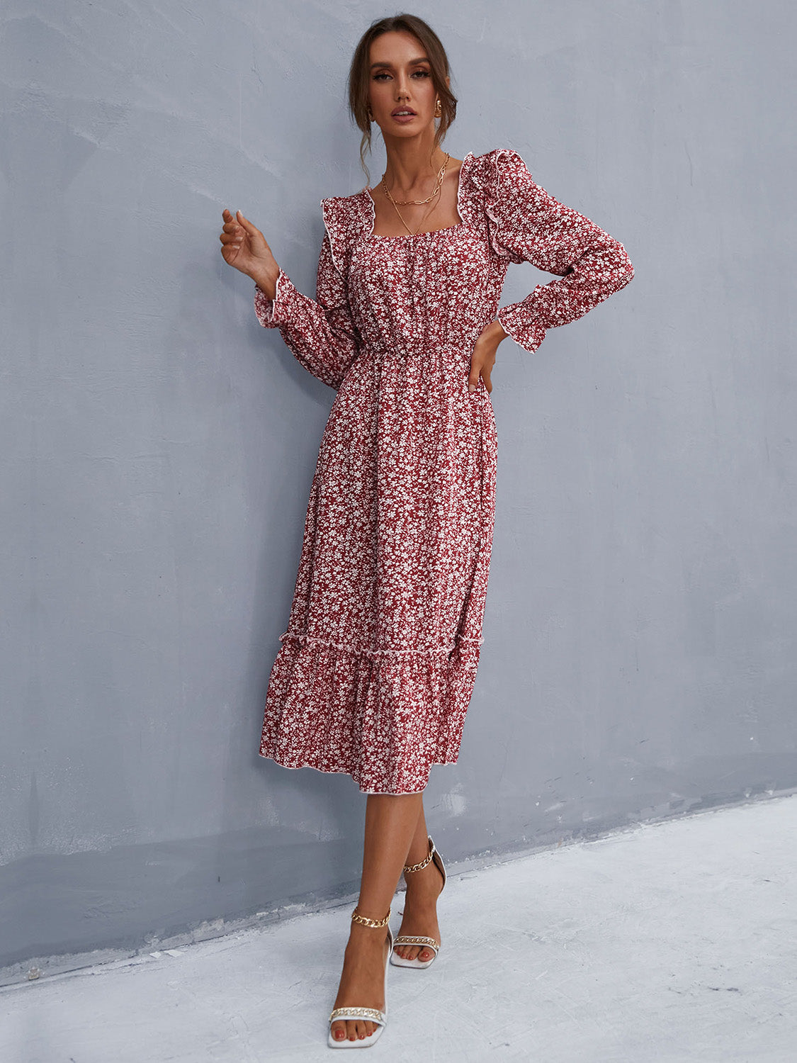 Ruffled Ditsy Floral Flounce Sleeve Dress-Angel Casuals