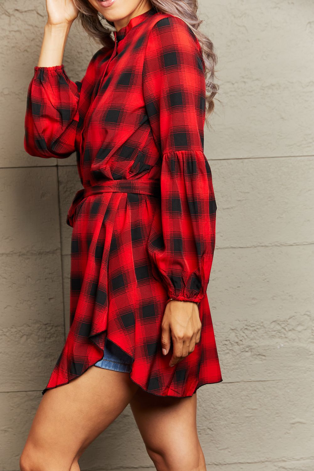 Plaid Tie Waist Balloon Sleeve Mini Dress-Angel Casuals