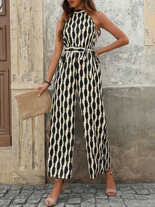 Tied Printed Grecian Neck Jumpsuit-Angel Casuals