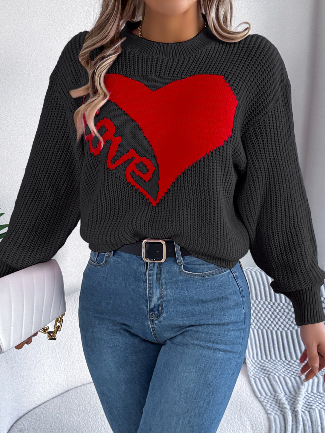 LOVE Heart Round Neck Dropped Shoulder Sweater-Angel Casuals