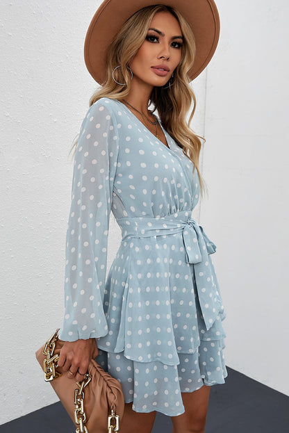 Tied Layered Polka Dot Balloon Sleeve Dress-Angel Casuals