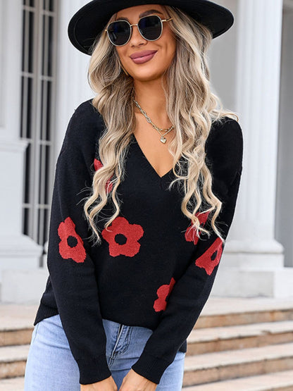 Angel Wings Flower V-Neck Long Sleeve Sweater-Angel Casuals