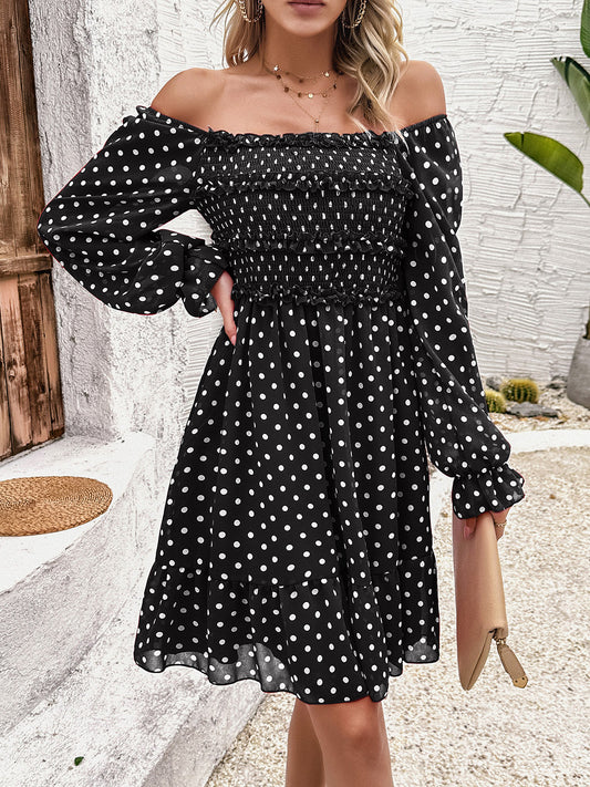 Smocked Polka Dot Long Sleeve Dress-Angel Casuals