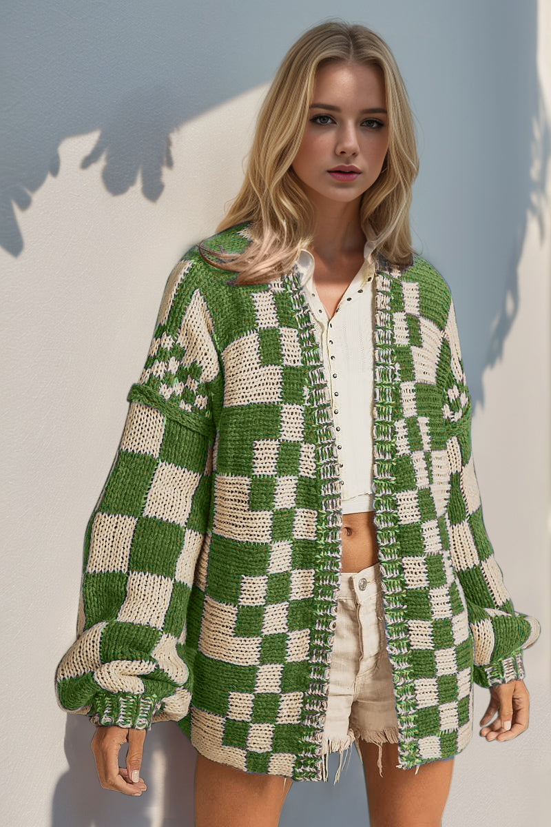 Double Take Full Size Open Front Checkered Drop Shoulder Cardigan-Angel Casuals