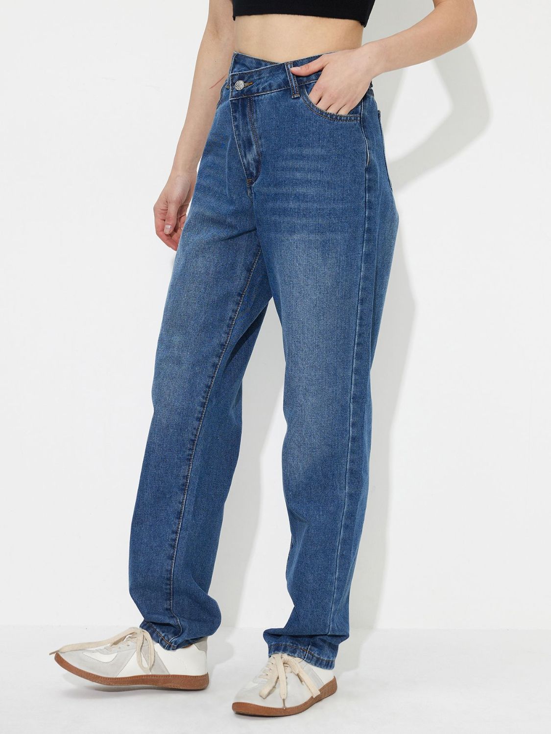 Asymmetric Waist Jeans with Pockets-Angel Casuals