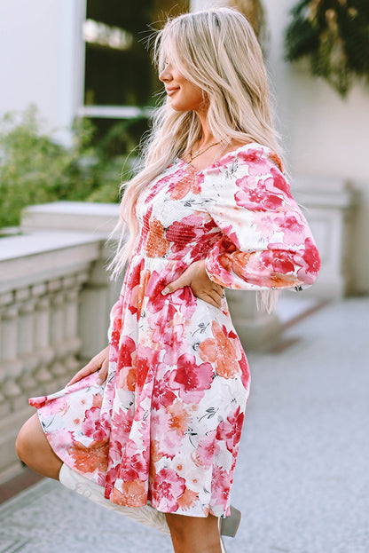 Floral Smocked Square Neck Long Sleeve Dress-Angel Casuals