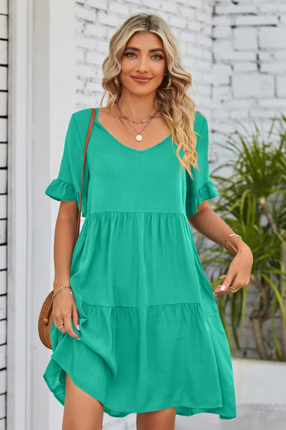 V-Neck Flounce Sleeve Tiered Dress-Angel Casuals