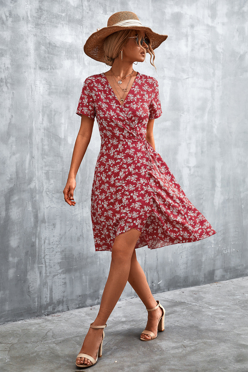 Floral Surplice Neck Flutter Sleeve Dress-Angel Casuals