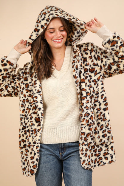 VERY J Fuzzy Leopard Long Sleeve Hooded Jacket-Angel Casuals