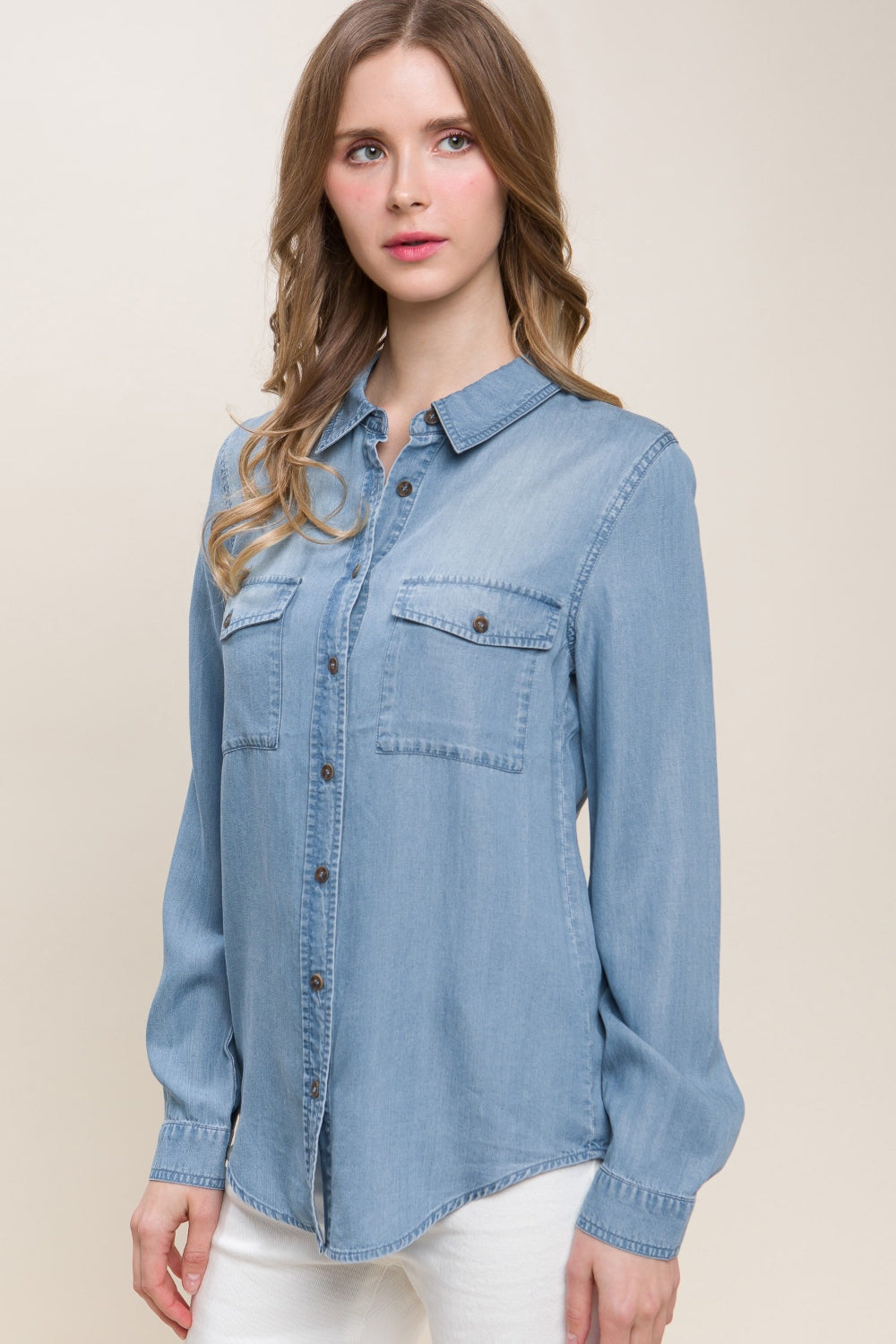 Love Tree Scooped Hem Button Up Denim Shirt-Angel Casuals