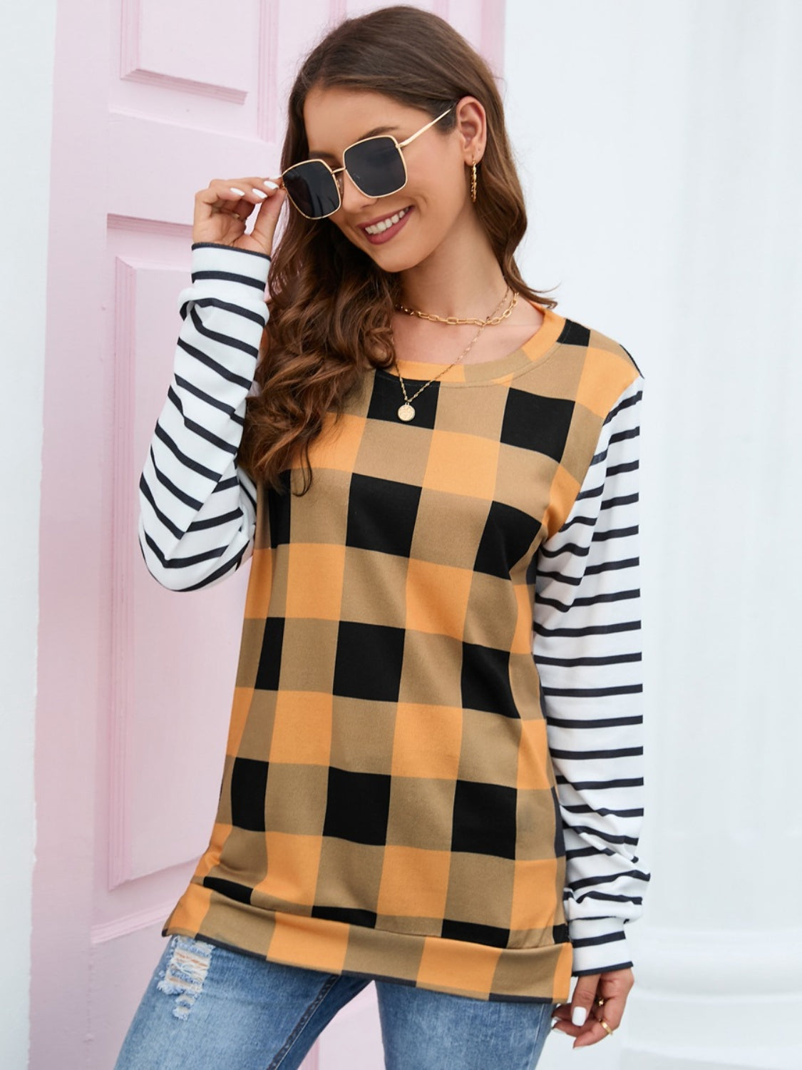 Plaid Striped Round Neck Long Sleeve T-Shirt-Angel Casuals