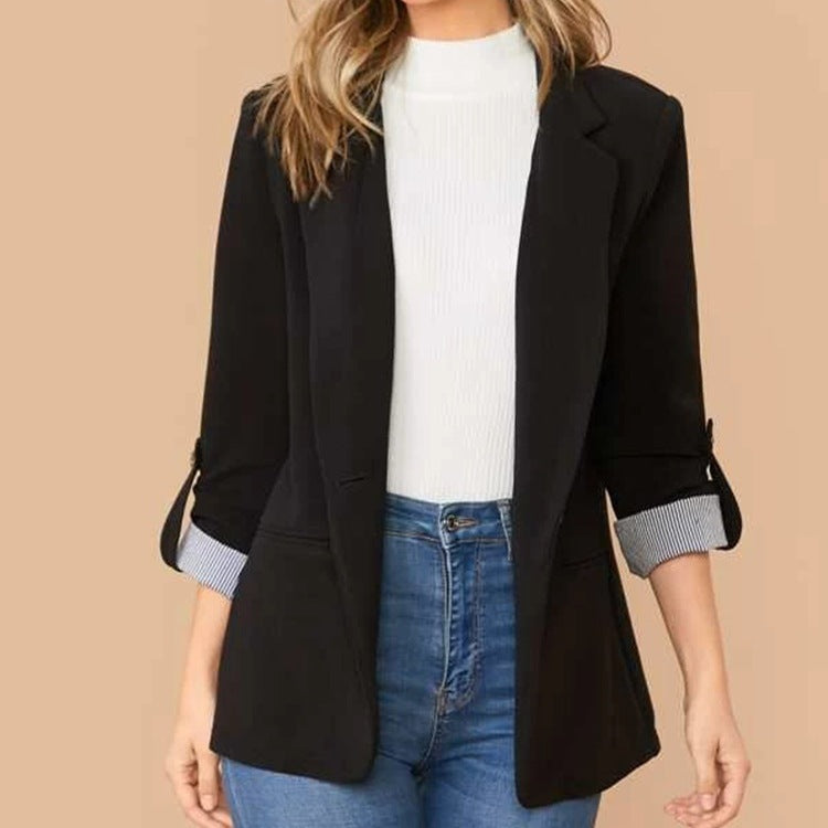 Lapel Collar Roll-Tab Sleeve Blazer-Angel Casuals