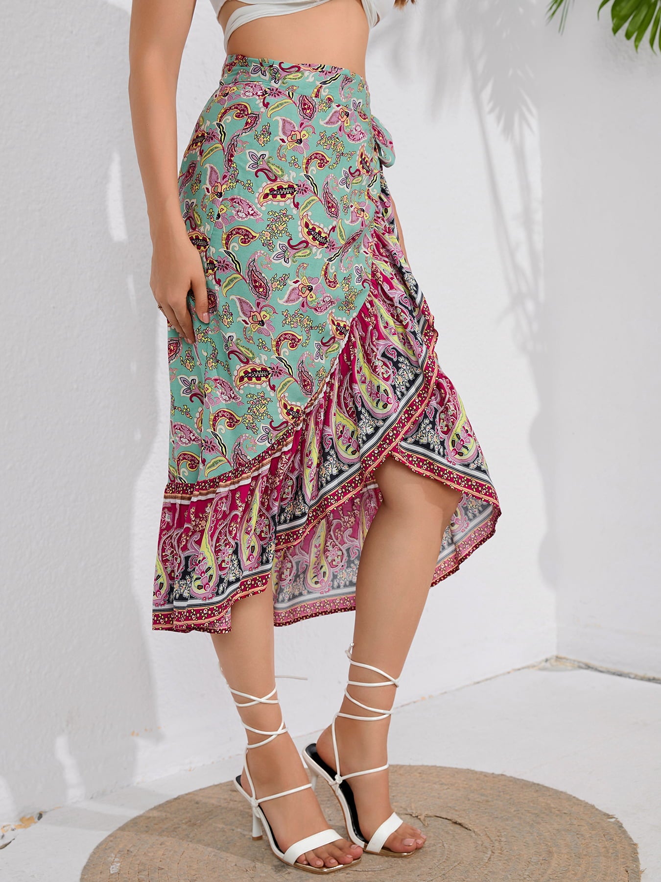 Tie Waistband Flounce Hem Midi Skirt-Angel Casuals