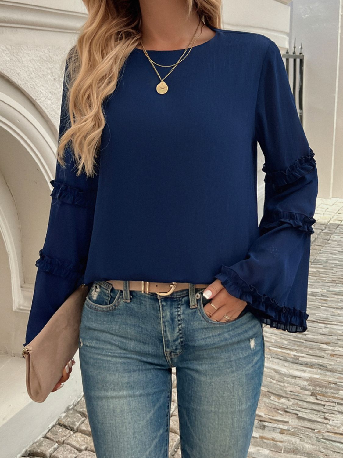 Devine Frill Round Neck Long Sleeve Top-Angel Casuals