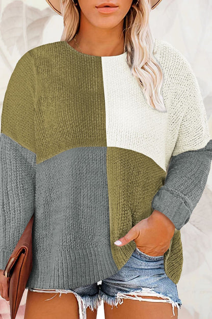 Plus Size Color Block Round Neck Sweater-Angel Casuals