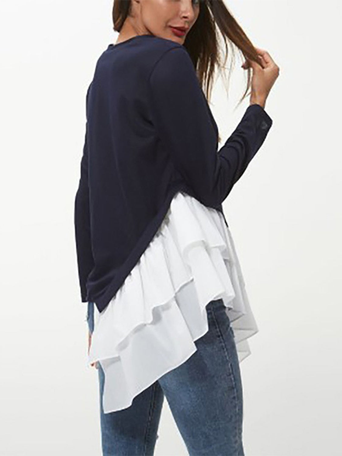 Tiered Contrast Round Neck Long Sleeve T-Shirt-Angel Casuals