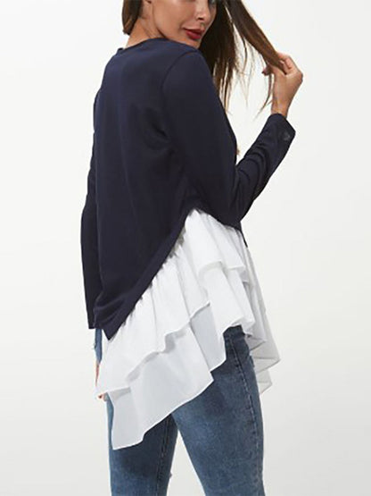 Tiered Contrast Round Neck Long Sleeve T-Shirt-Angel Casuals