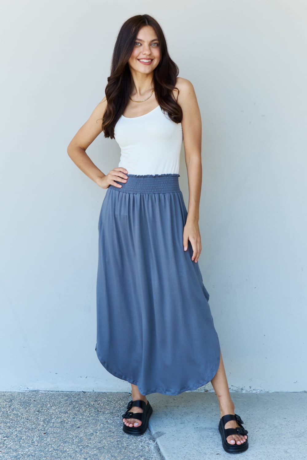 Doublju Comfort Princess Full Size High Waist Scoop Hem Maxi Skirt in Dusty Blue-Angel Casuals