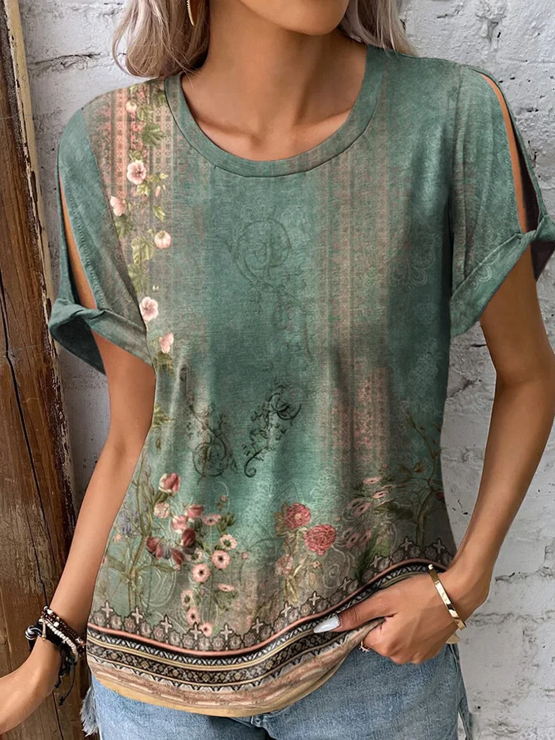 Printed Round Neck Short Sleeve T-Shirt-Angel Casuals