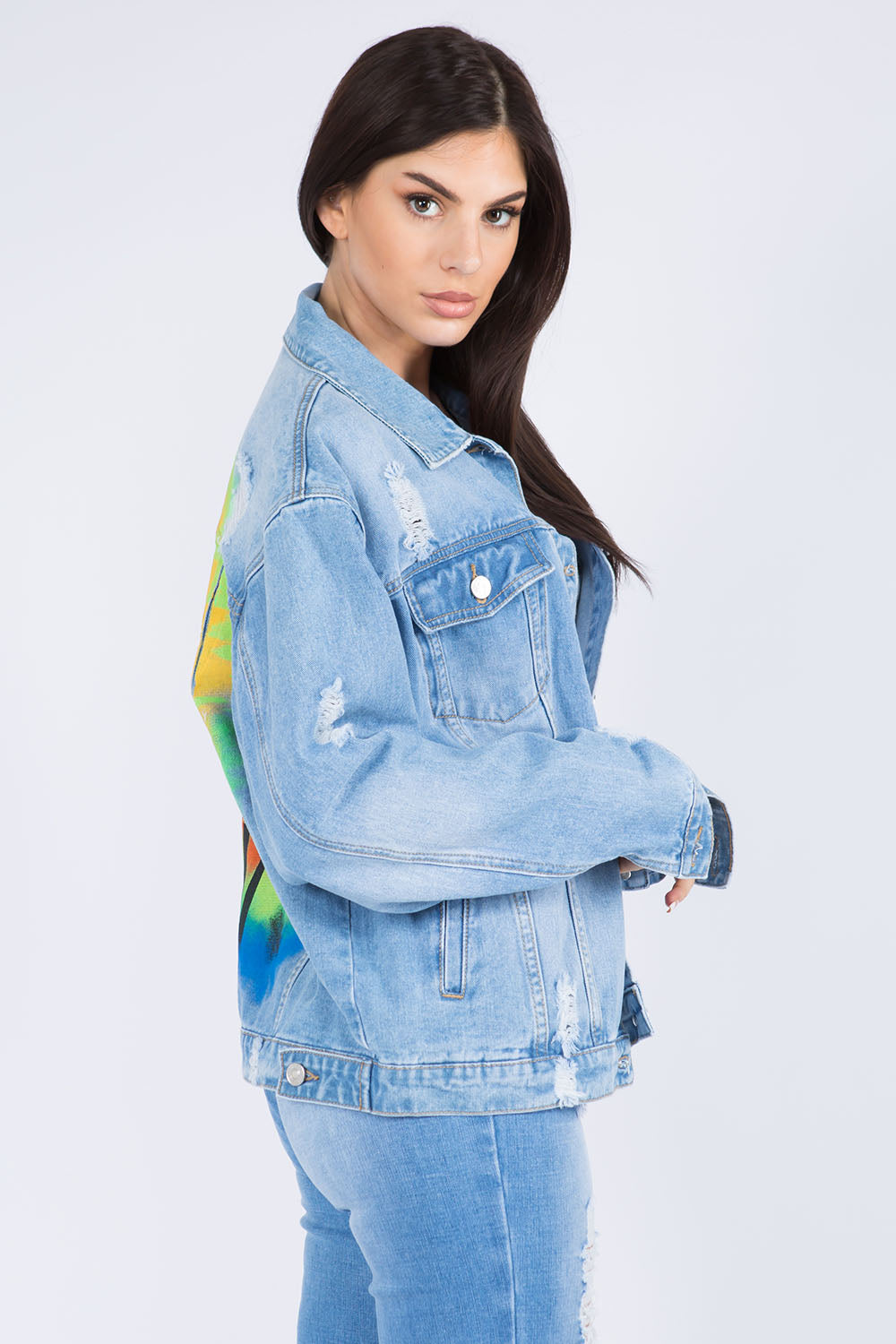 American Bazi Full Size Painted Back Distressed Denim Jacket-Angel Casuals