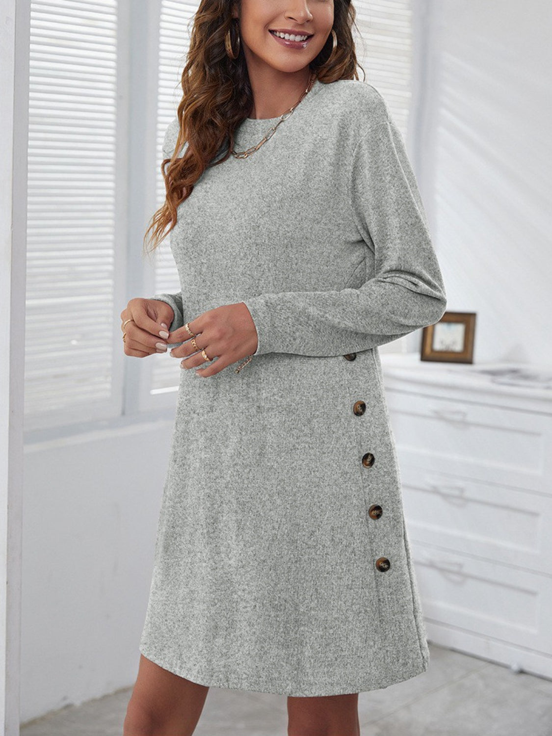 Decorative Button Round Neck Dress-Angel Casuals