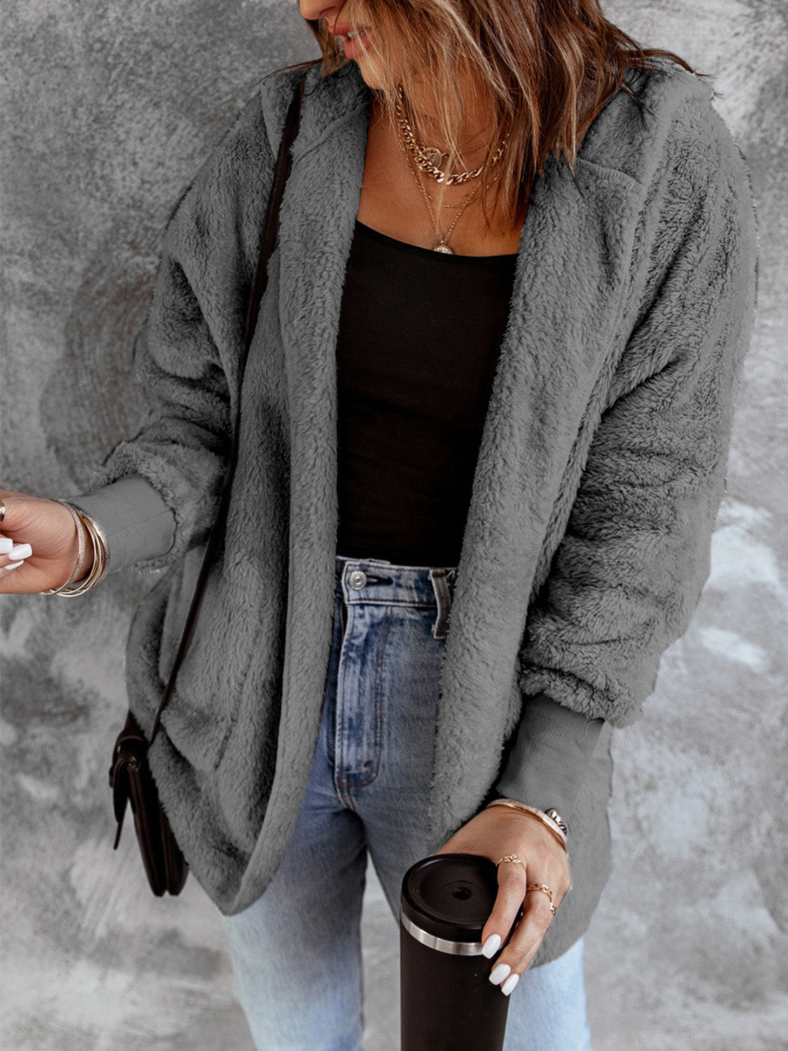 Open Front Hooded Faux Fur Outwear with Pockets-Angel Casuals