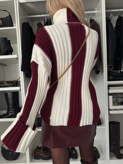 Striped Turtleneck Dropped Shoulder Sweater-Angel Casuals