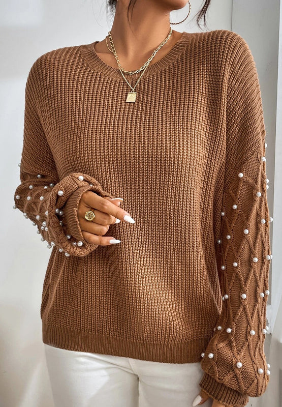 Pearl Detail Round Neck Long Sleeve Sweater-Angel Casuals