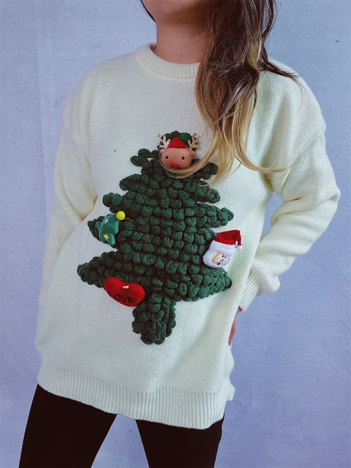 Christmas Tree Round Neck Long Sleeve Sweater-Angel Casuals