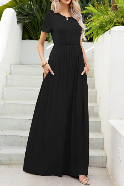 Round Neck Maxi Tee Dress with Pockets-Angel Casuals