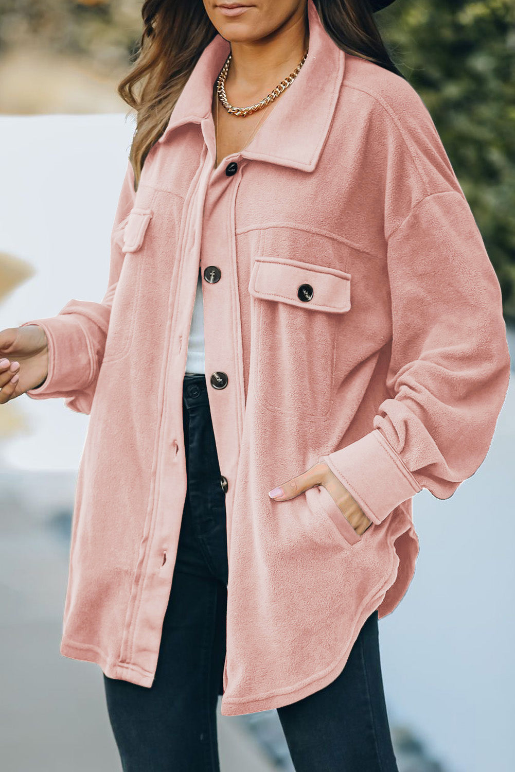 Button Up Collared Neck Long Sleeve Jacket-Angel Casuals