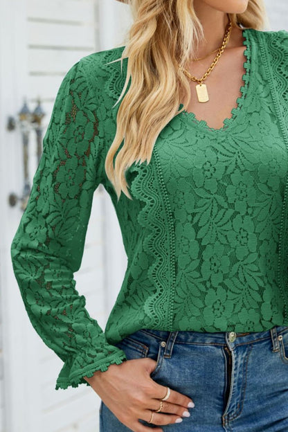 V-Neck Flounce Sleeve Lace Top-Angel Casuals