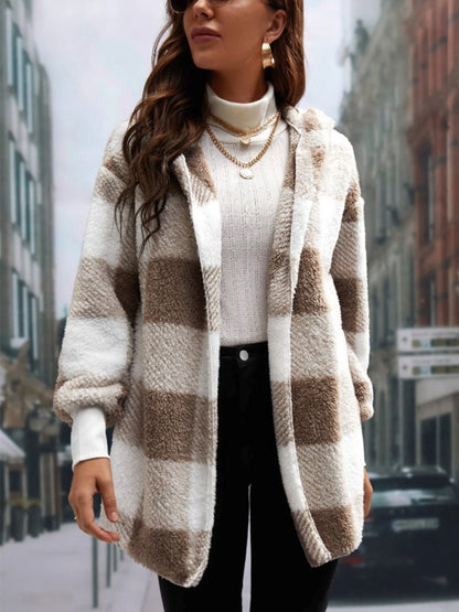 Plaid Long Sleeve Hooded Coat-Angel Casuals