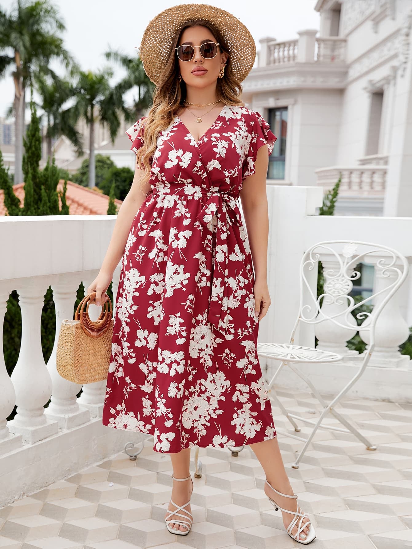 Plus Size Floral Tie Waist Surplice Neck Midi Dress-Angel Casuals