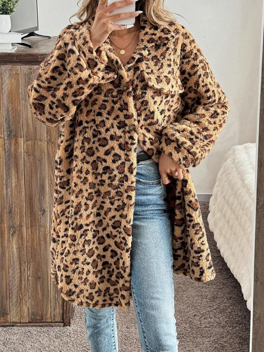 Leopard Button Up Long Sleeve Fuzzy Coat-Angel Casuals
