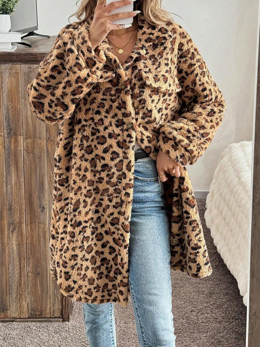 Leopard Button Up Long Sleeve Fuzzy Coat-Angel Casuals