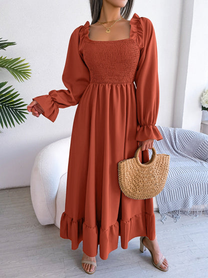 Smocked Square Neck Flounce Sleeve Dress-Angel Casuals