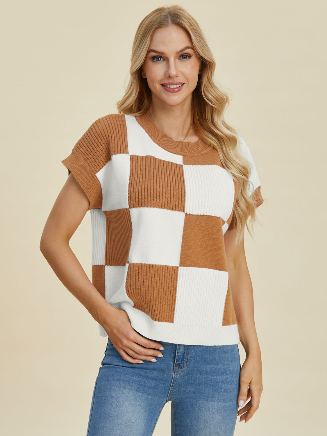 Double Take Full Size Checkered Round Neck Short Sleeve Sweater-Angel Casuals