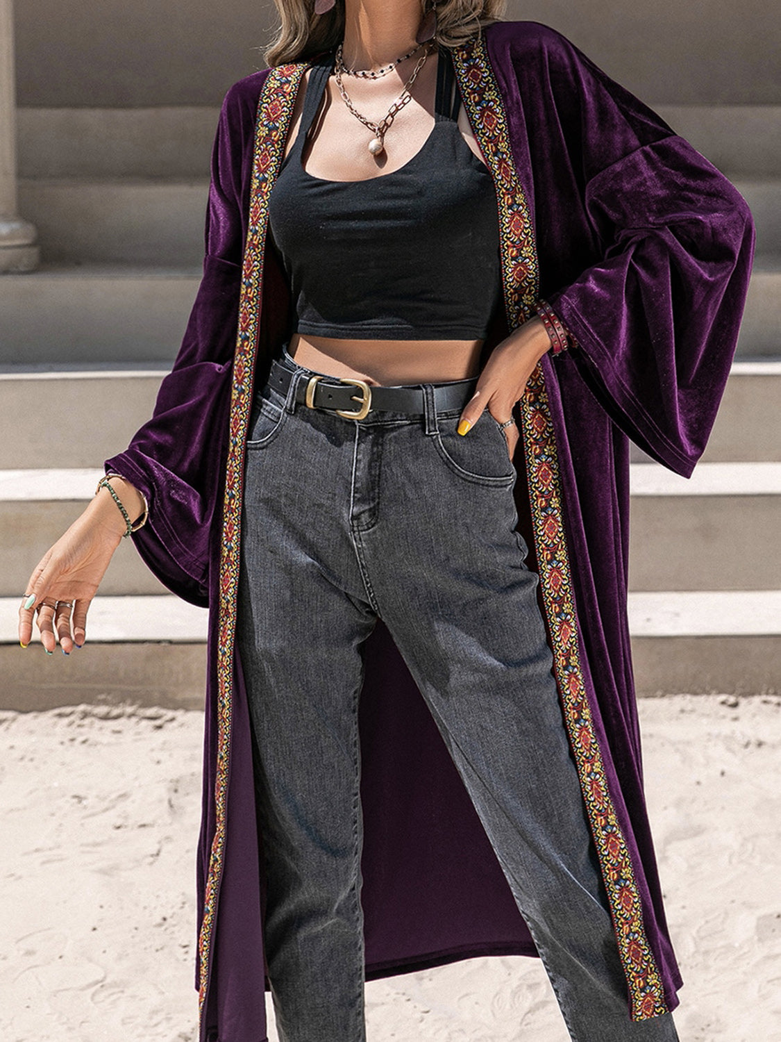 Embroidered Open Front Long Sleeve Cardigan-Angel Casuals