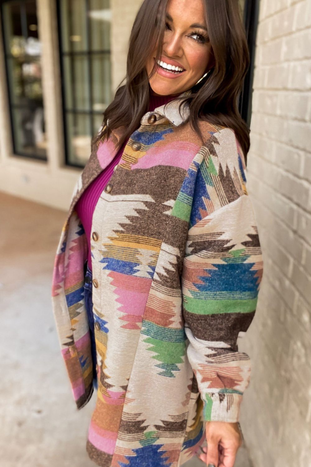 Geometric Button Up Long Sleeve Jacket-Angel Casuals