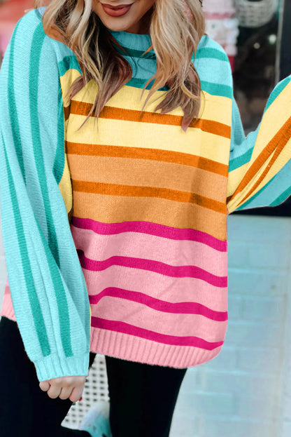 Contrast Striped Round Neck Long Sleeve Knit Top-Angel Casuals