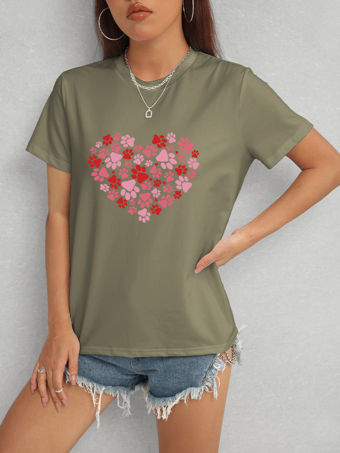 Heart Round Neck Short Sleeve T-Shirt-Angel Casuals
