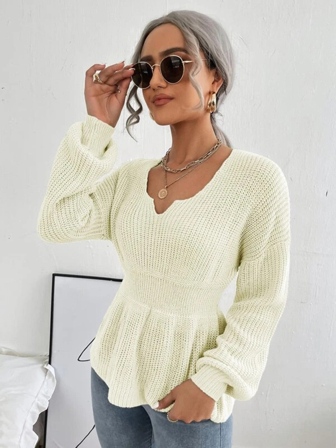 Notched Dropped Shoulder Knit Top-Angel Casuals