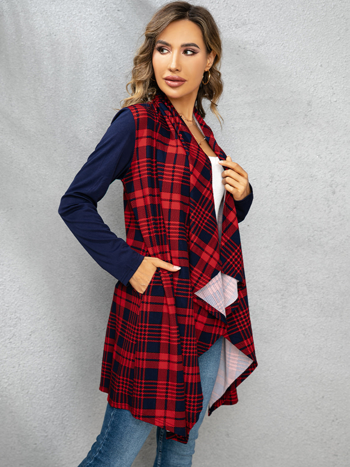 Shiny Plaid Open Front Cardigan-Angel Casuals