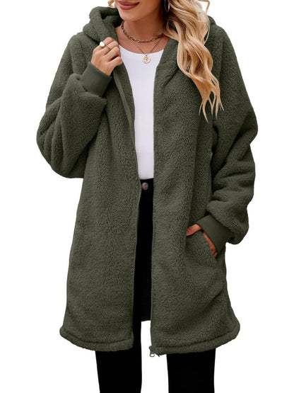 Fuzzy Pocketed Zip Up Long Sleeve Hooded Jacket-Angel Casuals